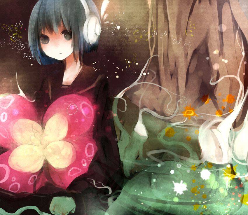 bad_id bad_pixiv_id black_hair flower headphones highres making_of monster_girl musical_note nene_nene plant saba_(asoi) school_uniform serafuku solo tree utau water