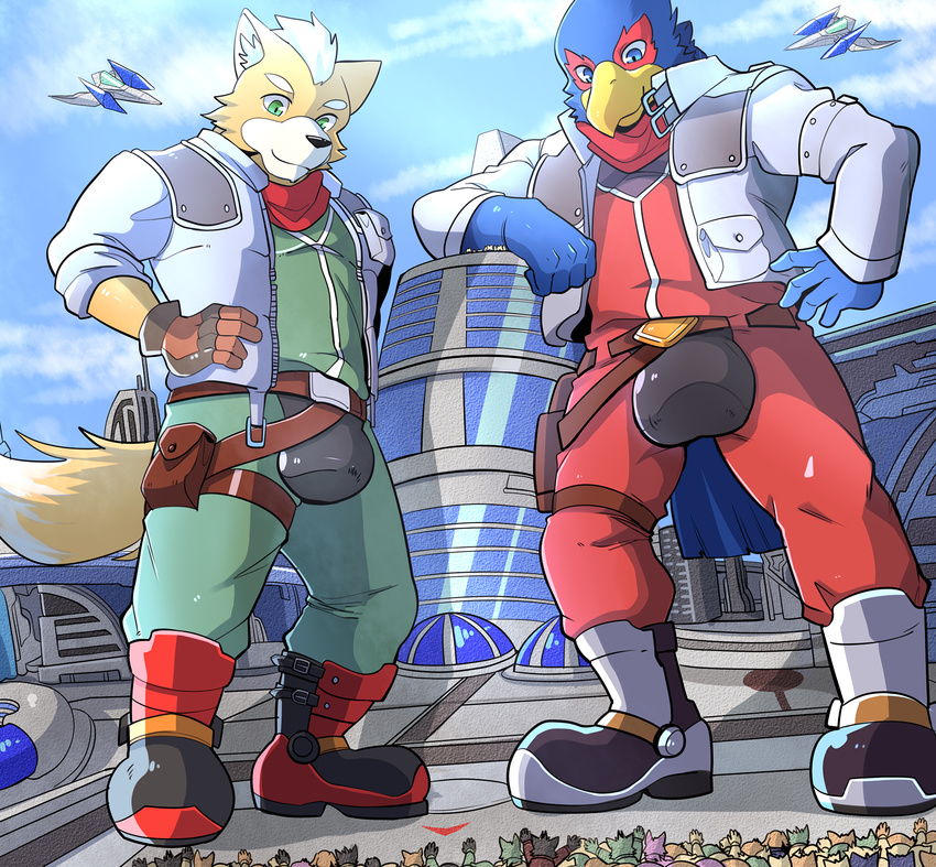 ambiguous_gender anthro arwing avian balls_outline bird building bulge canid canine city clothing detailed_bulge duo_focus falco_lombardi fox fox_mccloud genital_outline group hi_res large_group macro male male/ambiguous mammal mayar nintendo star_fox