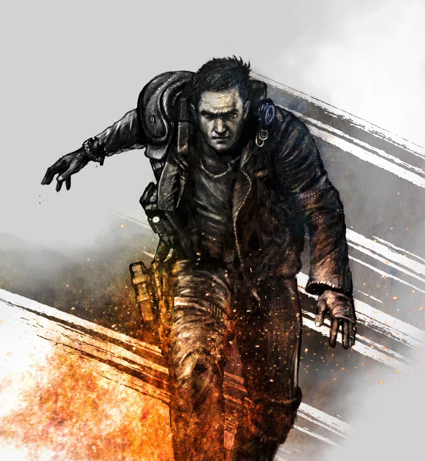 1boy absurdres black_hair commentary_request highres jacket katou_yuu mad_max mad_max:_fury_road male_focus max_rockatansky md5_mismatch photoshop_(medium) resolution_mismatch solo source_smaller