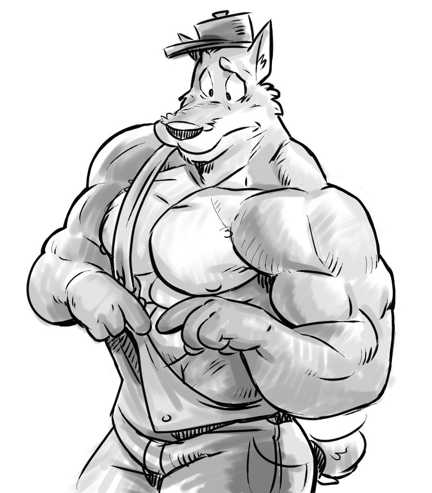 2017 abs anthro biceps big_muscles canid canine canis clothed clothing fur hat headgear headwear hi_res male mammal monochrome muscular muscular_anthro muscular_male nipples overalls pecs poop_(artist) simple_background solo white_background wolf