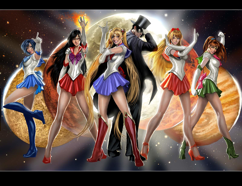 1boy 5girls \m/ aino_minako back_bow bare_legs bishoujo_senshi_sailor_moon black_hair black_pants blonde_hair blue_eyes blue_footwear blue_sailor_collar blue_skirt boots bow chiba_mamoru choker double_bun earrings elbow_gloves full_moon gloves green_footwear green_sailor_collar green_skirt hair_bun hat high_heels highres hino_rei inner_senshi jewelry jupiter_(planet) kino_makoto knee_boots long_hair magical_girl mars_(planet) mask md5_mismatch mercury_(planet) miniskirt mizuno_ami moon multiple_girls no_choker orange_skirt pants pink_bow planet pleated_skirt realistic red_bow red_choker red_sailor_collar red_skirt resolution_mismatch sailor_collar sailor_jupiter sailor_mars sailor_mercury sailor_moon sailor_senshi sailor_senshi_uniform sailor_venus shoes skirt source_smaller space stjepan_sejic strappy_heels tiara top_hat tsuki_ni_kawatte_oshioki_yo tsukino_usagi tuxedo_kamen twintails venus_(planet) white_gloves