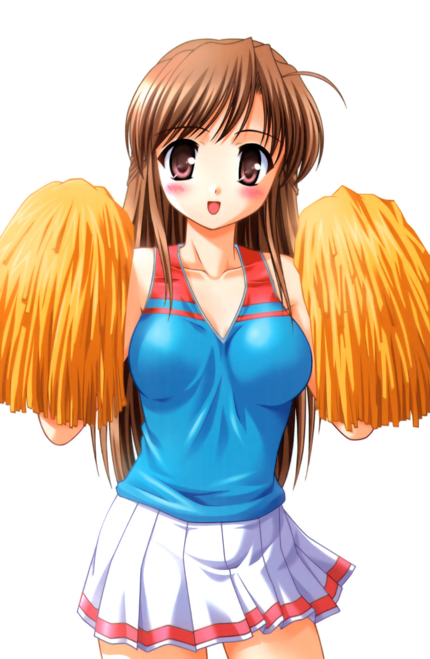 absurdres ahoge bekkankou blush brown_eyes brown_hair cheerleader female fujieda_honami highres long_hair open_mouth pom_pom_(cheerleading) smile solo tsuki_wa_higashi_ni_hi_wa_nishi_ni