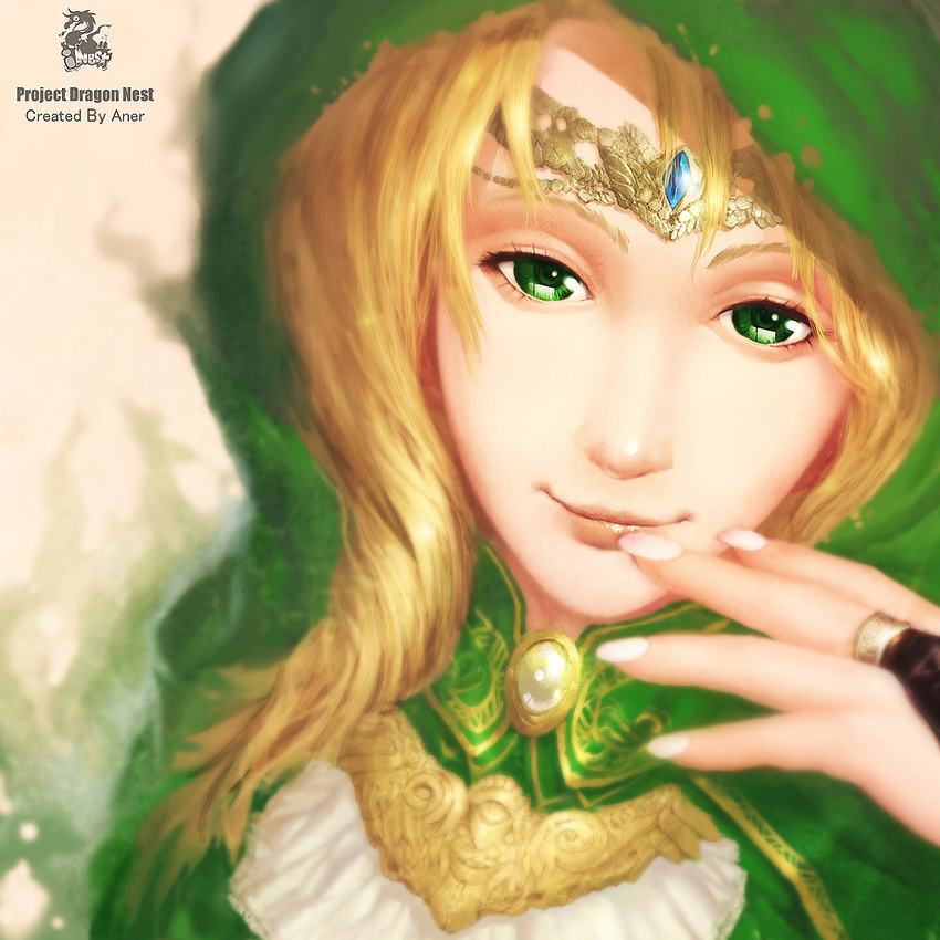 aner_(qqan00) bad_id bad_pixiv_id blonde_hair closed_mouth dragon_nest female green_eyes highres hood photoshop_(medium) portrait smile solo tiara