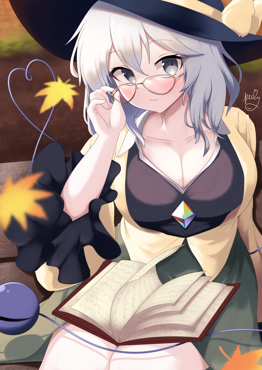 absurdres blouse breasts cleavage eyeball female glasses green_eyes grey_hair hat highres komeiji_koishi large_breasts medium_hair polyhedron2 shirt solo third_eye touhou wavy_hair