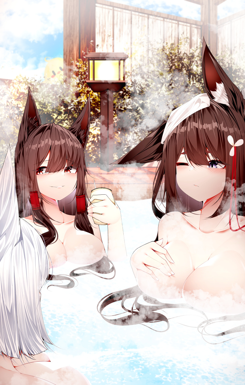 3girls absurdres akagi_(azur_lane) amagi_(azur_lane) animal_ears azur_lane breasts brown_hair cleavage floating_breasts hand_on_own_chest highres kaga_(azur_lane) large_breasts long_hair manjuu_(azur_lane) multiple_girls one_eye_closed onsen purple_eyes red_eyes same-sex_bathing samip shared_bathing short_hair sideways_glance steam towel towel_on_head water white_hair