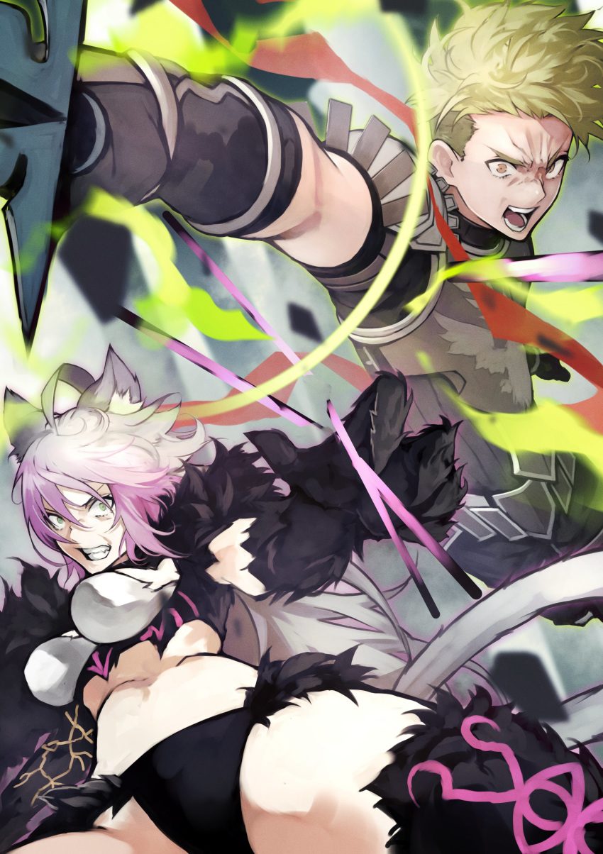 1boy absurdres achilles_(fate) ahoge anger_vein animal_ears armor atalanta_(fate) atalanta_alter_(fate) battle black_thighhighs blurry blurry_background breasts cat_ears dynamic_pose fate/apocrypha fate/grand_order fate_(series) female fighting fighting_stance fur_gloves fur_trim gloves gradient_hair green_eyes green_hair grey_hair hair_between_eyes highres holding holding_weapon legs long_hair looking_at_viewer medium_breasts multicolored_hair open_mouth revealing_clothes sash tail thighhighs veins weapon yellow_eyes yoshio_(55level)