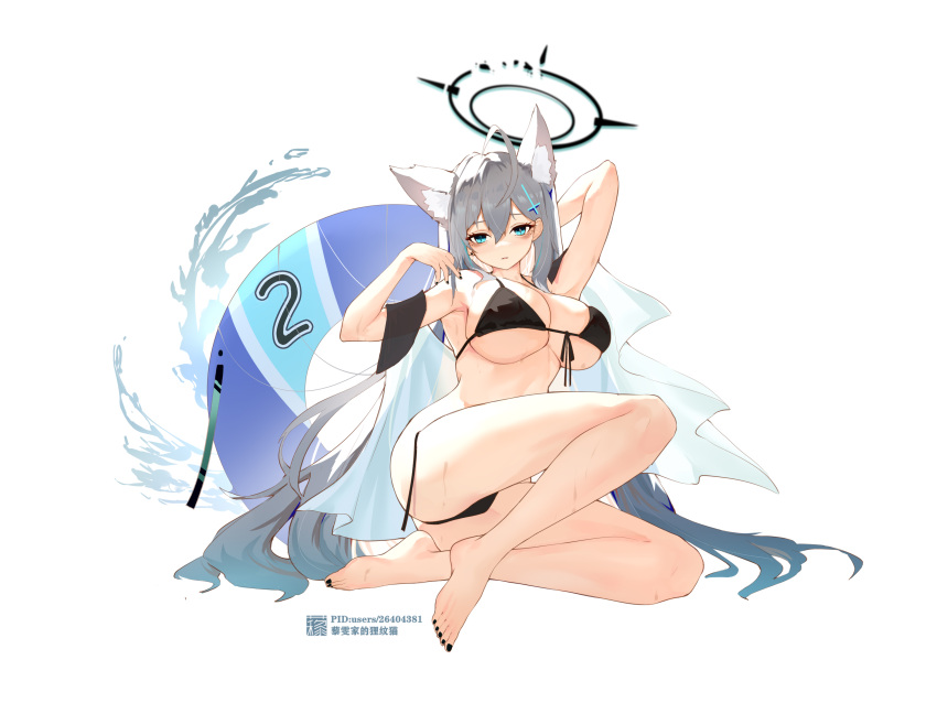 absurdres ahoge alternate_costume animal_ear_fluff animal_ears arm_behind_head armpits ass barefoot bikini black_bikini black_nails blue_archive blue_eyes breasts broken_halo cleavage commentary_request cross_hair_ornament extra_ears feet female grey_hair hair_between_eyes hair_ornament halo highres innertube knee_up large_breasts legs liwendala long_hair looking_at_viewer mismatched_pupils nail_polish navel shiroko_(blue_archive) shiroko_terror_(blue_archive) sidelocks simple_background sitting sleeveless solo stomach swim_ring swimsuit toenail_polish toenails toes white_background wolf_ears wolf_girl