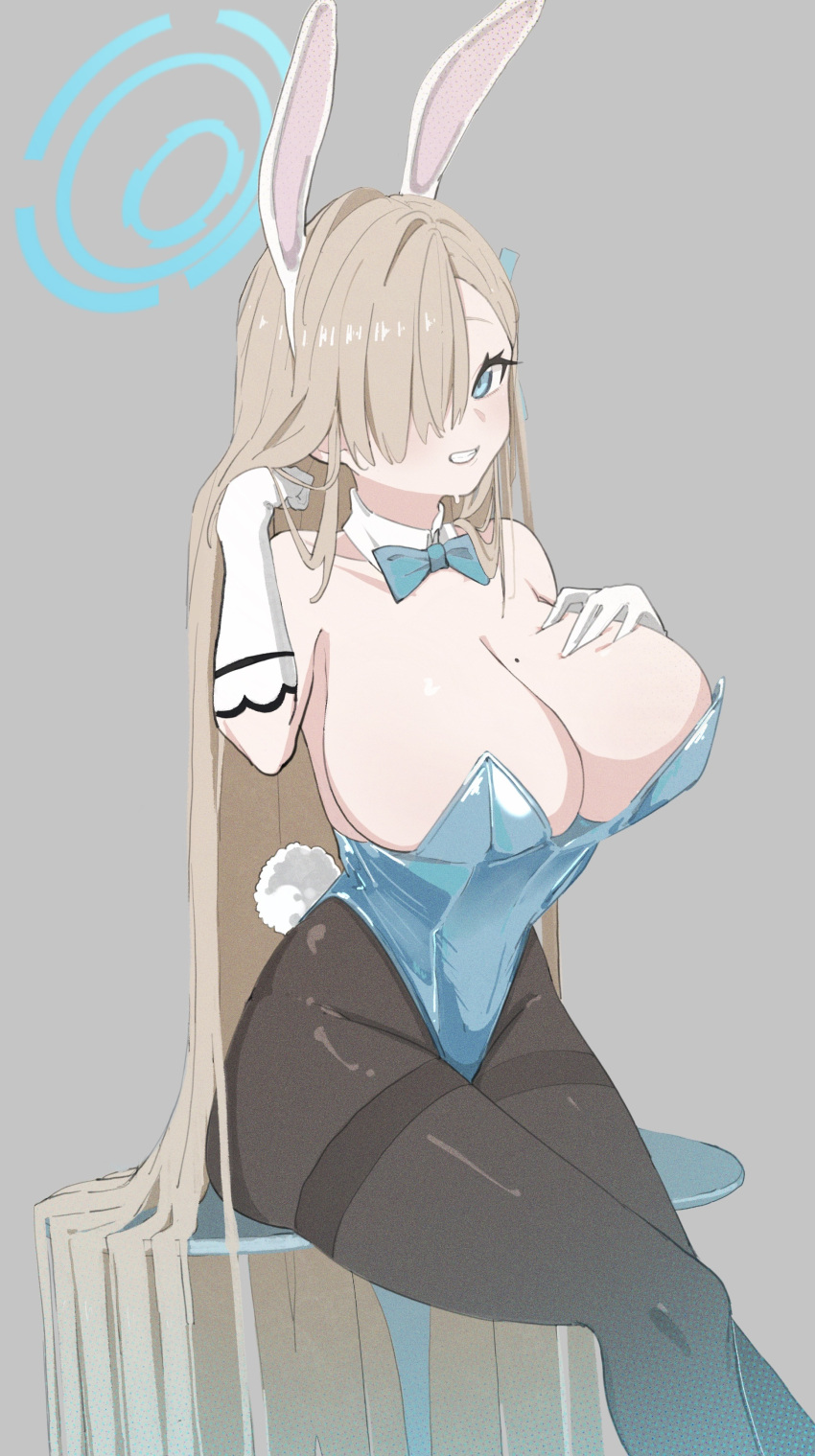 absurdres animal_ears aqua_bow aqua_bowtie aqua_eyes aqua_leotard asuna_(blue_archive) asuna_(bunny)_(blue_archive) bad_id bad_pixiv_id black_pantyhose blue_archive blush bow bowtie breasts cleavage commentary elbow_gloves english_commentary fake_animal_ears female gloves grin hair_over_one_eye halo hand_in_own_hair highres huge_breasts leotard light_brown_hair long_hair looking_at_viewer mole mole_on_breast ocha_(popopogg) official_alternate_costume pantyhose playboy_bunny rabbit_ears rabbit_tail simple_background sitting smile solo tail thighband_pantyhose very_long_hair white_gloves