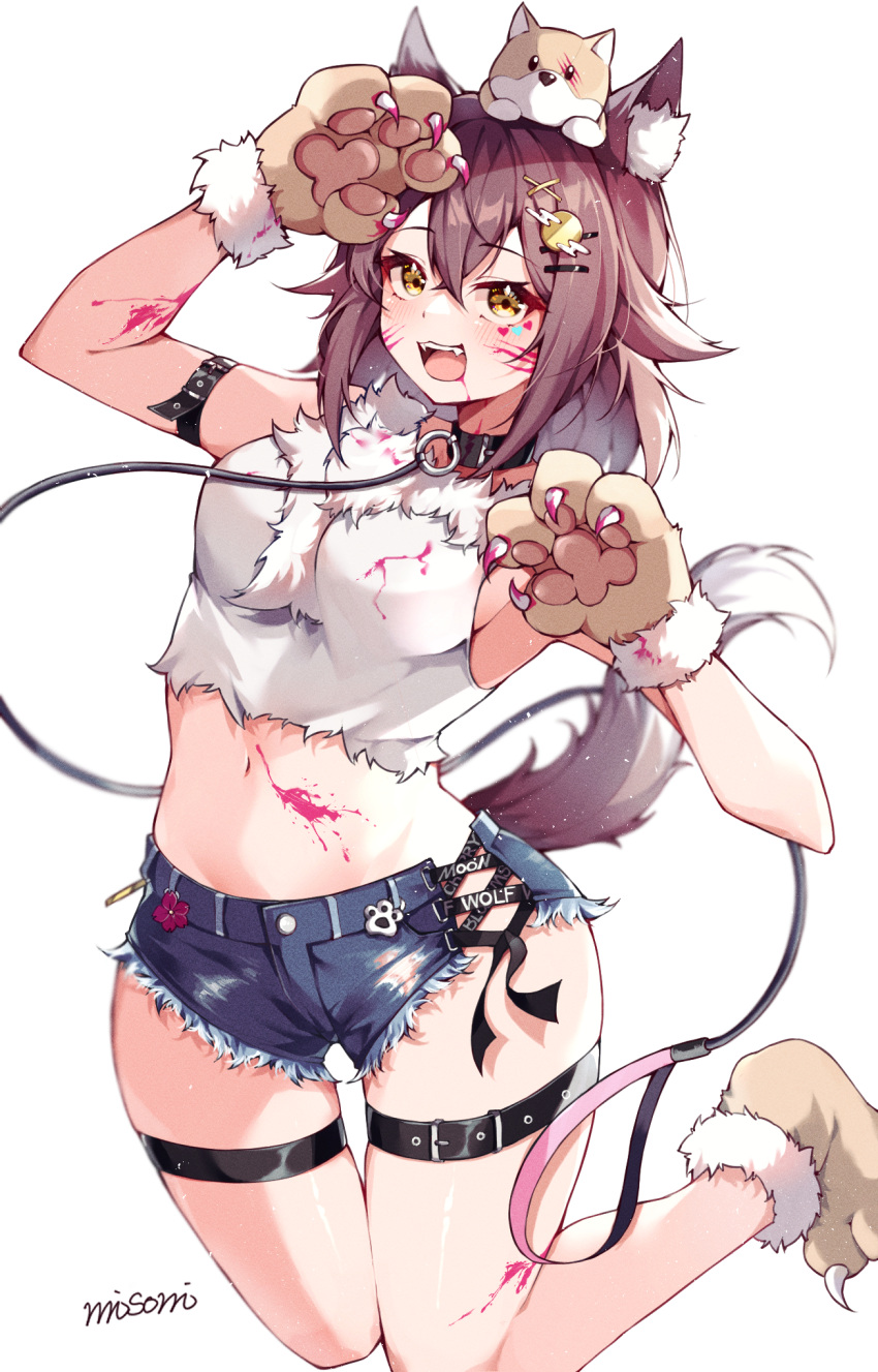 alternate_animal_ears alternate_costume animal_ear_fluff animal_ears animal_hands animal_on_head armpits blush breasts brown_hair commentary female gloves highres horse_ears horse_girl horse_tail medium_breasts medium_hair misoni_(mi_so_ni_t) navel oerba_yun_fang on_head open_mouth paw_gloves sakura_chiyono_o_(umamusume) shiba_inu shorts solo stuffed_animal stuffed_dog stuffed_toy tail umamusume wolf_ears wolf_girl wolf_tail