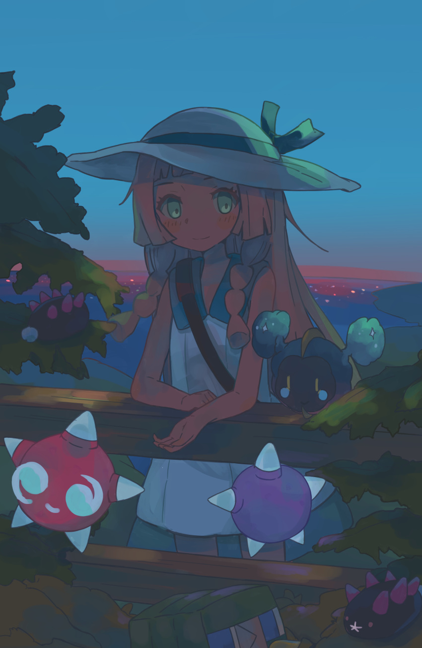 absurdres blonde_hair blush braid charjabug closed_mouth commentary cosmog dress eyelashes female fence fukui green_eyes hat hat_ribbon highres lillie_(pokemon) long_hair looking_at_viewer minior outdoors pokemon pokemon_(creature) pokemon_sm pyukumuku ribbon sky sleeveless sleeveless_dress smile white_headwear