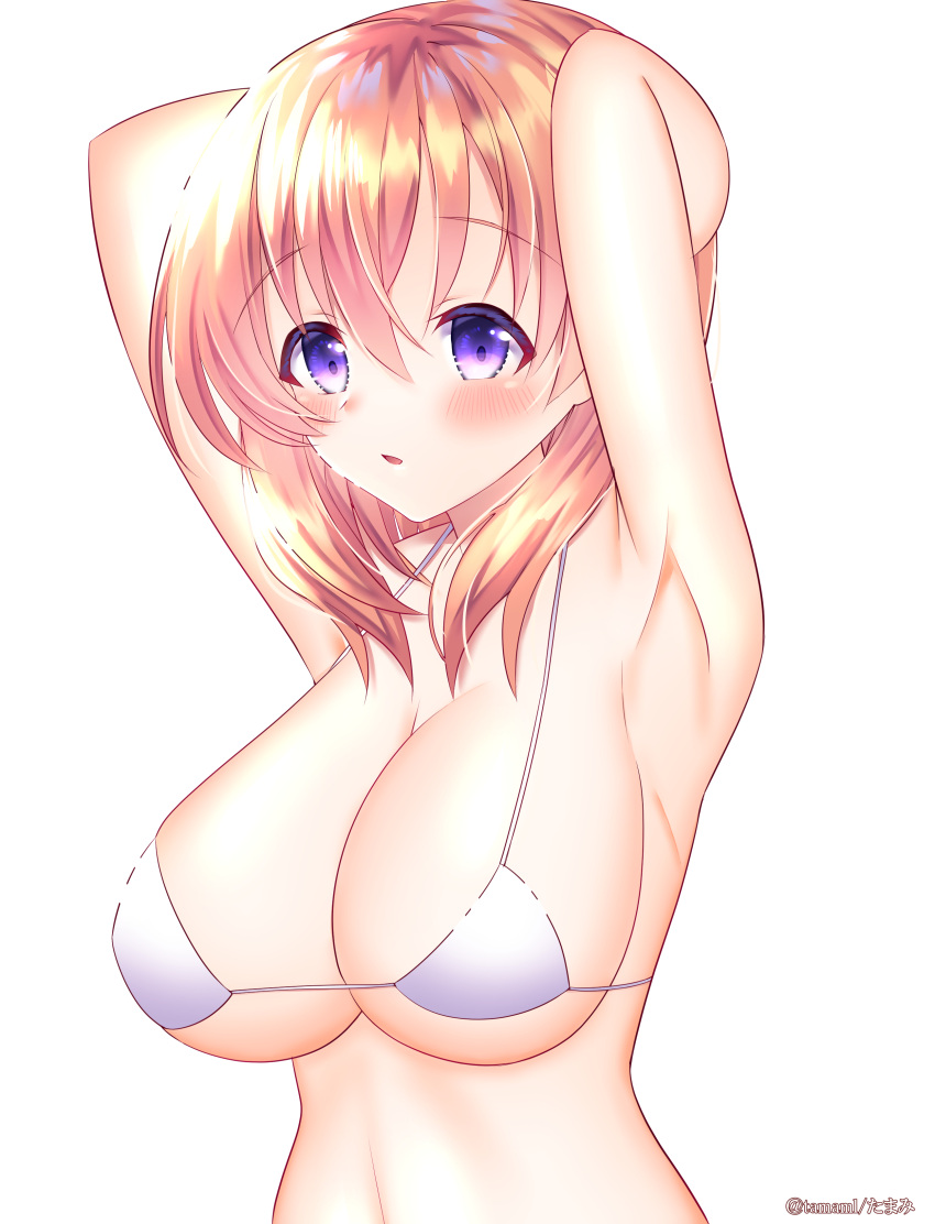 absurdres alternate_breast_size armpits arms_up bad_id bad_pixiv_id bikini blush breasts cleavage commentary female gochuumon_wa_usagi_desu_ka? highres hoto_cocoa large_breasts long_hair orange_hair parted_lips purple_eyes shokorate sideboob simple_background solo swimsuit twitter_username underboob upper_body white_background white_bikini