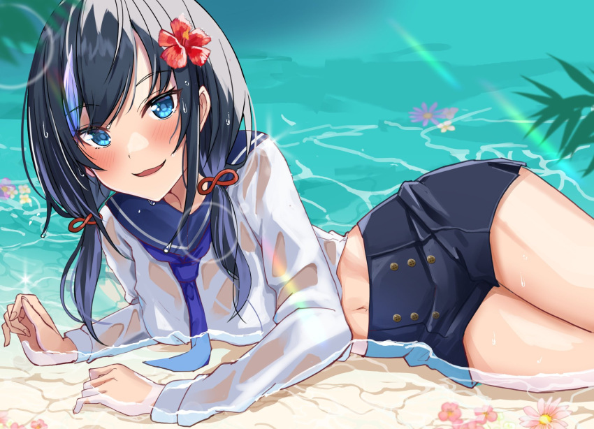 beach black_hair black_shorts blue_eyes blue_necktie blue_sailor_collar blush female flower hair_flower hair_ornament highres long_sleeves low_twintails multicolored_hair necktie nijisanji okutomi_fumi ponto_nei purple_hair sailor_collar shirt shorts solo streaked_hair twintails virtual_youtuber water wet wet_clothes white_shirt