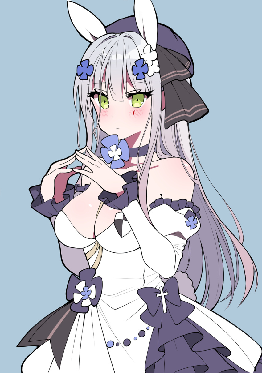 bad_id bad_pixiv_id beret black_ribbon blue_background blue_choker blue_hat blush breasts choker cleavage clming closed_mouth detached_sleeves dress facial_mark female flower girls'_frontline green_eyes grey_hair hair_between_eyes hair_flower hair_ornament hair_ribbon hand_up hat highres hk416_(girls'_frontline) hk416_(herbal-flavored_hard_candy)_(girls'_frontline) juliet_sleeves long_hair long_sleeves looking_at_viewer medium_breasts official_alternate_costume puffy_sleeves ribbon simple_background solo steepled_fingers strapless strapless_dress very_long_hair white_dress white_flower white_sleeves