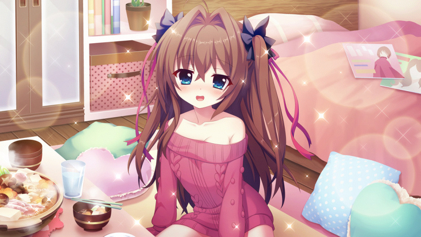 ahoge bare_shoulders bed bedroom black_bow blue_eyes blush book bow bowl breasts brown_hair chopsticks cleavage collarbone cup dot_nose drinking_glass female film_grain food game_cg hair_intakes hairbow heart heart-shaped_pillow indoors izumi_tsubasu lens_flare long_sleeves looking_at_viewer magazine_(object) medium_breasts non-web_source off-shoulder_sweater off_shoulder official_art on_floor open_mouth pillow pink_sweater plant polka_dot potted_plant re:stage! shikimiya_aone sitting smile solo sparkle steam sukiyaki sweater two_side_up water wooden_floor yokozuwari