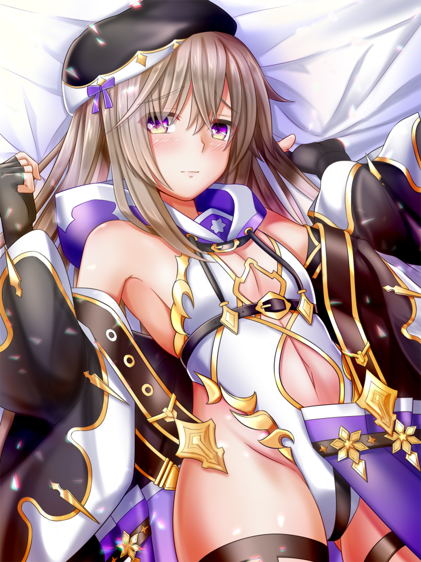 black_gloves breasts brown_hair cleavage duranta_(flower_knight_girl) eyebrows_hidden_by_hair female fingerless_gloves flower_knight_girl gloves hair_between_eyes hat highres leg_belt long_hair looking_at_viewer lying navel nyabe open_clothes purple_eyes ribbon solo