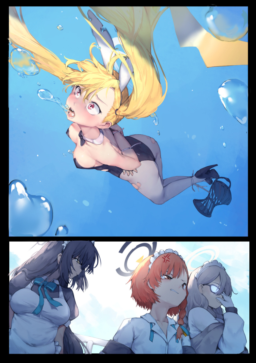 4girls akane_(blue_archive) angry arms_behind_back asphyxiation black_hair black_leotard blue_archive bunny_girl_guard_(sr)_(blue_archive) drowning dying glasses grey_hair high_heels highres karin_(blue_archive) leotard multiple_girls neru_(blue_archive) orange_hair pantyhose playboy_bunny restrained rou_(rou22) scared torn_clothes torn_pantyhose underwater