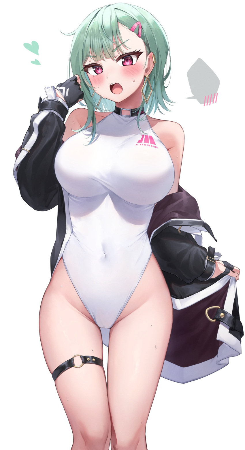 :o bare_shoulders black_gloves black_jacket blush breasts commentary_request competition_swimsuit covered_navel earclip earrings feet_out_of_frame female fingerless_gloves gloves green_hair hair_ornament hairclip half_gloves halterneck hand_up heart highleg highleg_swimsuit highres jacket jewelry large_breasts looking_at_viewer morros o-ring o-ring_thigh_strap off_shoulder one-piece_swimsuit open_clothes open_jacket open_mouth original pink_eyes short_hair simple_background solo spoken_blush standing swimsuit thigh_strap v-shaped_eyebrows white_background white_one-piece_swimsuit