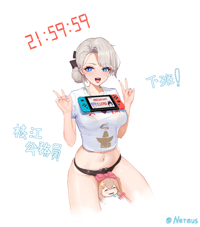 +_+ :d a-soul absurdres ava_(a-soul) bella_(a-soul) between_legs black_panties blue_eyes bra_visible_through_clothes breasts character_doll chinese_commentary chinese_text commentary_request cowboy_shot crop_top diana_(a-soul) double_v eileen_(a-soul) female grey_hair hair_bun highres large_breasts looking_at_viewer midriff nail_polish navel navel_piercing nintendo_switch object_on_breast open_clothes panties piercing shirt short_hair short_sleeves single_hair_bun sitting smile solo ta03545 translated underwear v virtual_youtuber white_shirt