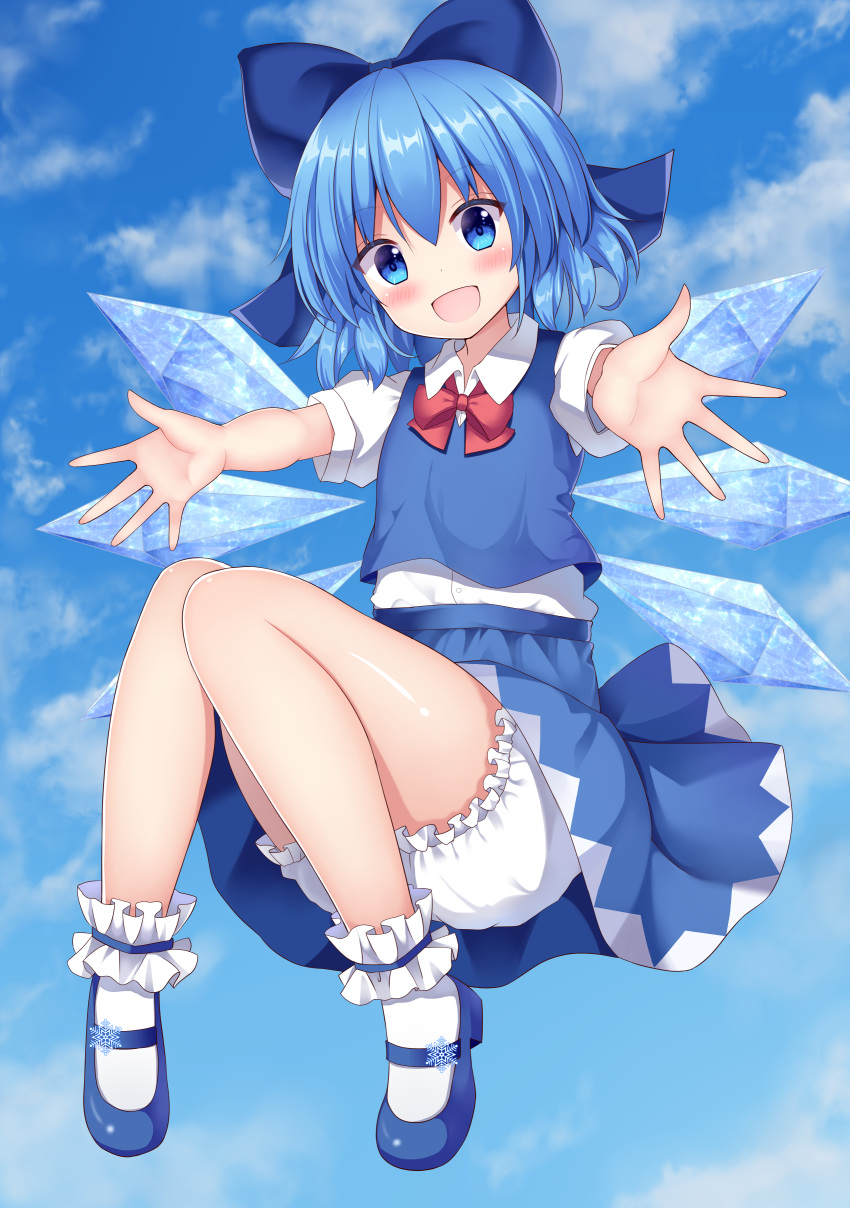 :d absurdres ankle_garter bloomers blue_bow blue_dress blue_eyes blue_footwear blue_hair blue_skirt blue_sky blue_vest blush bobby_socks bow bowtie buttons cirno collared_shirt commentary_request dot_nose dress eyelashes female flat_chest floating footwear_ornament full_body hairbow happy highres ice looking_at_viewer mary_janes open_mouth outstretched_arm puffy_short_sleeves puffy_sleeves red_bow red_bowtie shiny_skin shirt shoes short_hair short_sleeves skirt sky smile snowflake_ornament socks solo suigetsu_(watermoon-910) thighs tongue touhou underwear vest white_shirt white_socks wing_collar