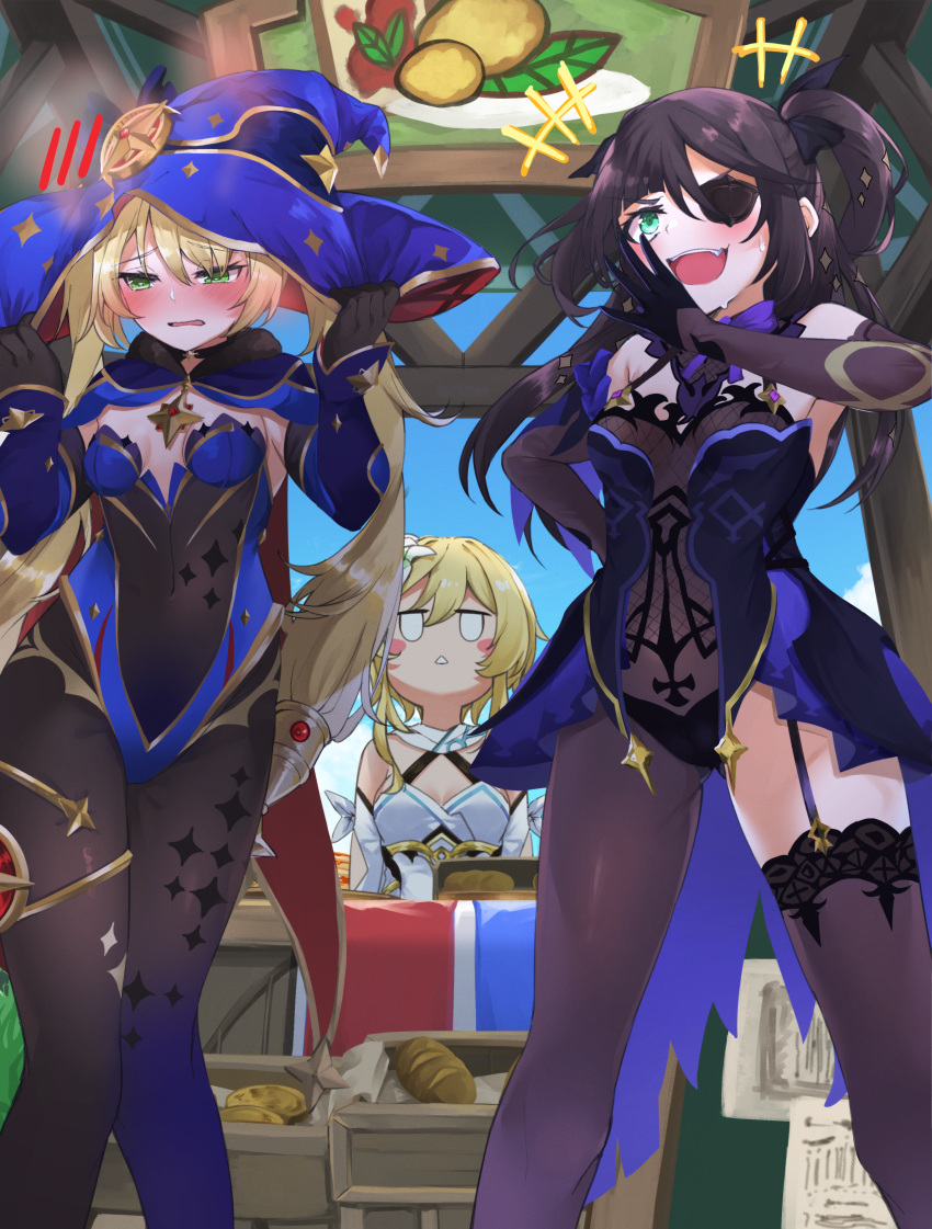 3girls absurdres alternate_costume bare_shoulders black_hair blonde_hair blush breasts cosplay costume_switch eyepatch fischl_(genshin_impact) fischl_(genshin_impact)_(cosplay) genshin_impact gloves green_eyes hair_ornament highres leglus long_hair lumine_(genshin_impact) medium_breasts mona_(genshin_impact) mona_(genshin_impact)_(cosplay) multiple_girls open_mouth single_thighhigh smile thighhighs