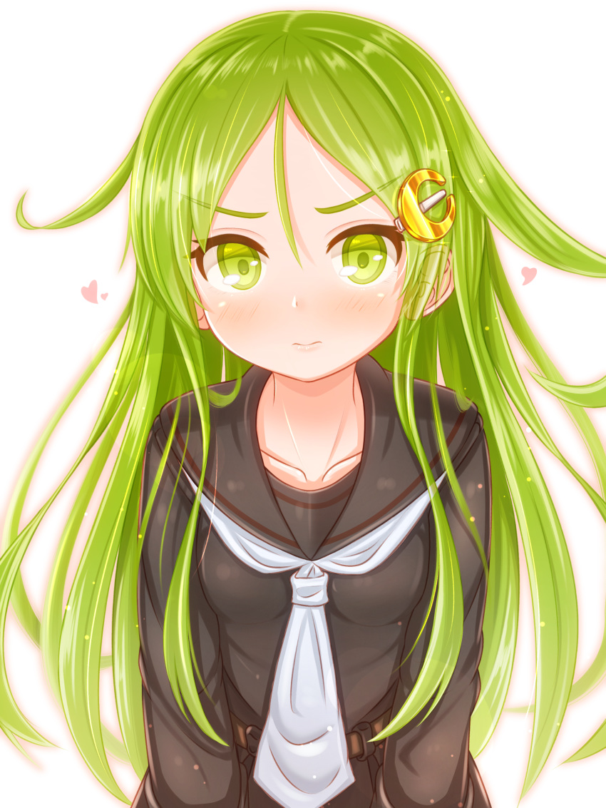 absurdres black_sailor_collar black_serafuku blush collarbone crescent crescent_hair_ornament female green_eyes green_hair hair_ornament heart highres kantai_collection long_hair long_sleeves looking_at_viewer nagatsuki_(kancolle) neckerchief sailor_collar school_uniform serafuku simple_background solo suzushiro_(gripen39) upper_body white_background white_neckerchief