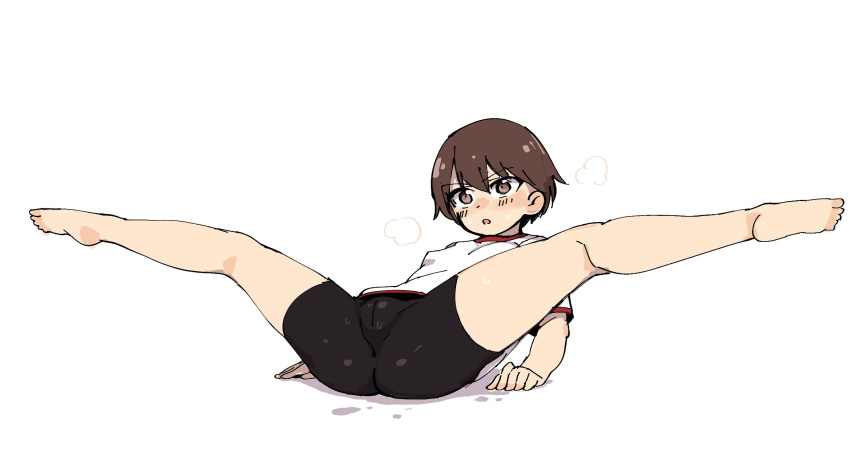 aomushi_(mushamusha) arm_support ass barefoot bike_shorts black_shorts blush breath brown_eyes brown_hair cameltoe female flexible girls_und_panzer gym_shirt hair_between_eyes highres isobe_noriko lying on_back outstretched_legs shirt short_hair short_sleeves shorts simple_background solo spread_legs sweat toe-point white_background white_shirt