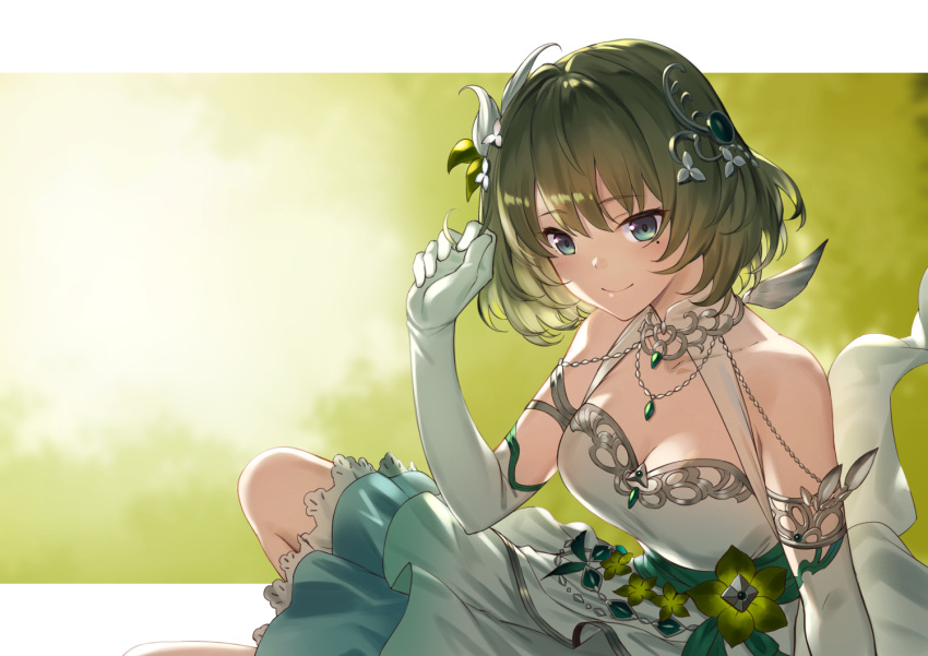 akanebi bare_shoulders breasts cleavage dress elbow_gloves feathers female flower gloves granblue_fantasy hair_ornament idolmaster idolmaster_cinderella_girls jewelry looking_at_viewer medium_breasts mole mole_under_eye necklace smile solo takagaki_kaede white_background