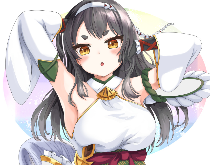 :o arm_behind_head armpits arms_up bare_shoulders black_gloves black_hair bluekalmia blush breast_poke breasts collar detached_sleeves eyelashes female gloves gold_trim hairband hand_in_own_hair head_tilt highres large_breasts long_hair long_sleeves looking_at_viewer nanao_(oshiro_project) open_mouth oshiro_project:re poking red_sash sash shirt short_eyebrows sleeveless sleeveless_shirt solo straight-on thick_eyebrows upper_body white_collar white_hairband white_shirt white_sleeves wide_sleeves yellow_eyes