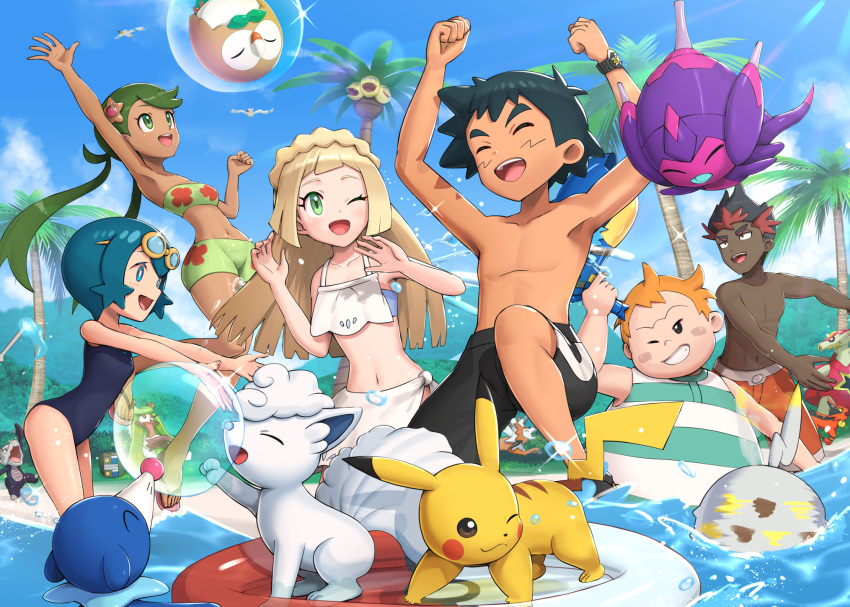 3boys 3girls ;d alolan_exeggutor alolan_marowak alolan_vulpix beach bikini black_hair blonde_hair blue_hair closed_mouth commentary_request dark-skinned_male dark_skin day gonzarez green_bikini green_hair highres kiawe_(pokemon) lana_(pokemon) lillie_(pokemon) male_swimwear mallow_(pokemon) multiple_boys multiple_girls navel one-piece_swimsuit one_eye_closed orange_hair outdoors palm_tree pikachu poipole pokemon pokemon_(anime) pokemon_(creature) pokemon_sm_(anime) popplio redrawn rowlet satoshi_(pokemon) sky smile sophocles_(pokemon) strapless strapless_bikini swim_trunks swimsuit togedemaru topless_male torracat tree turtonator water white_bikini