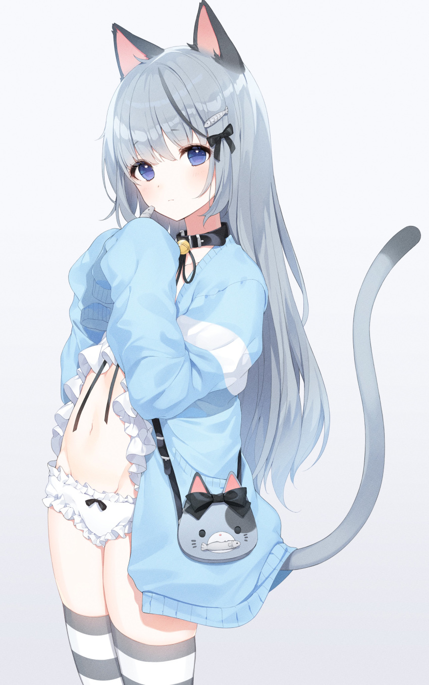 a20_(atsumaru) absurdres animal_ears bad_id bad_twitter_id bag bell blue_eyes blue_jacket cat_ears cat_girl cat_tail collar commentary cowboy_shot crop_top female grey_background grey_hair groin hair_ornament hairclip handbag hands_up highres jacket jingle_bell long_hair long_sleeves looking_at_viewer micro_shorts midriff multicolored_hair navel open_clothes open_jacket original shirt shorts sleeves_past_fingers sleeves_past_wrists solo standing stomach streaked_hair striped_clothes striped_thighhighs tail tail_raised thighhighs thighs white_shirt white_shorts