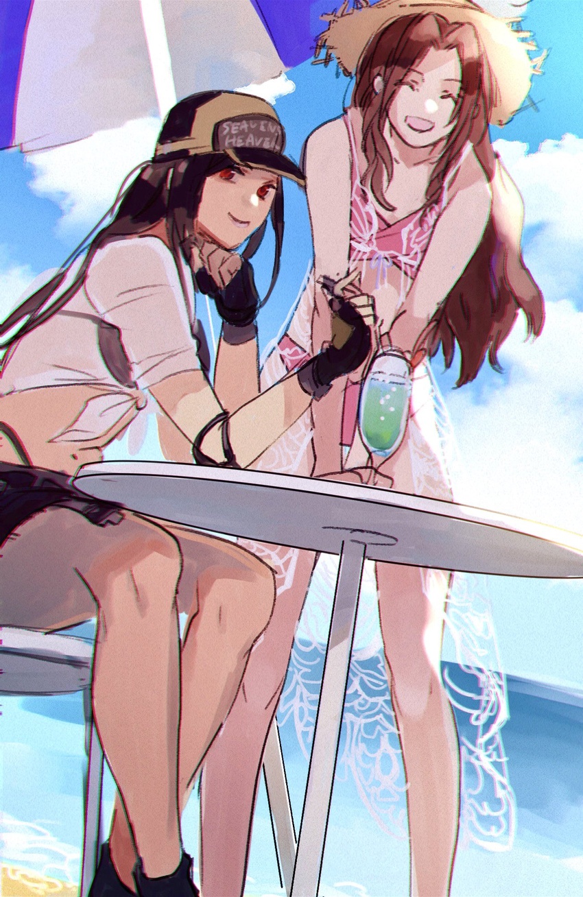 2girls aerith_gainsborough aerith_gainsborough_(sunny_robe) baseball_cap beach beach_umbrella bikini bikini_under_clothes black_bikini black_gloves black_hair blue_sky bombyxmori_ckr brown_hair closed_mouth cloud cloudy_sky commentary crop_top denim denim_skirt english_commentary feet_out_of_frame final_fantasy final_fantasy_vii final_fantasy_vii_ever_crisis fingerless_gloves gloves hat highleg highleg_bikini highres horizon long_hair looking_at_viewer midriff miniskirt multiple_girls navel ocean official_alternate_costume open_mouth outdoors parted_bangs pink_bikini red_eyes see-through see-through_shirt shirt short_sleeves sitting skirt sky smile standing straw_hat summer swimsuit tifa_lockhart tifa_lockhart_(lifeguard) umbrella wet wet_clothes wet_shirt white_shirt