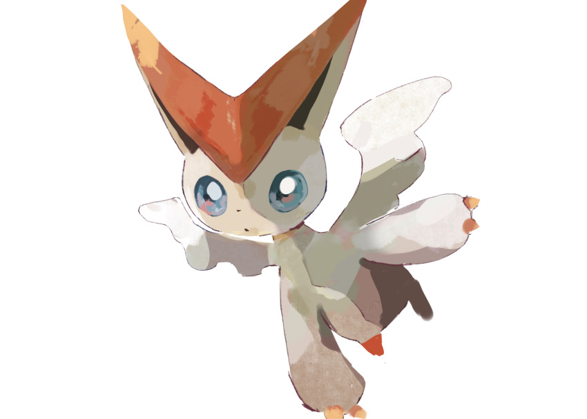 blue_eyes commentary full_body highres kamonabe_(kamonabeekon) looking_at_viewer no_humans open_mouth pokemon pokemon_(creature) simple_background solo victini white_background