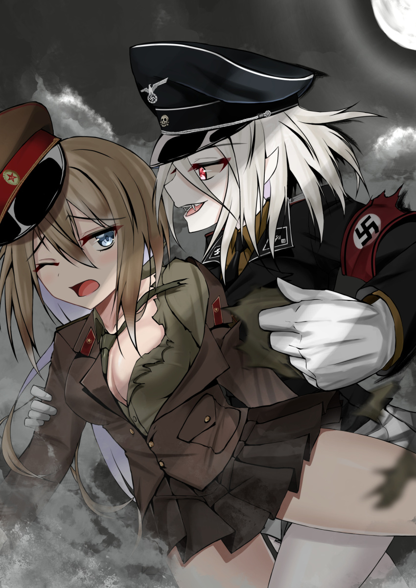 2girls armband blue_eyes breasts brown_hair cleavage colored_skin commission dress_shirt fangs full_moon gloves hammer_and_sickle hat highres imminent_rape jiseki_rena long_sleeves military military_hat military_uniform moon multiple_girls nazi necktie night night_sky original pale_skin peaked_cap pixiv_commission red_eyes shirt skirt sky ss_insignia swastika tearing_clothes torn_clothes totenkopf uniform vampire white_gloves white_hair white_skin yuri