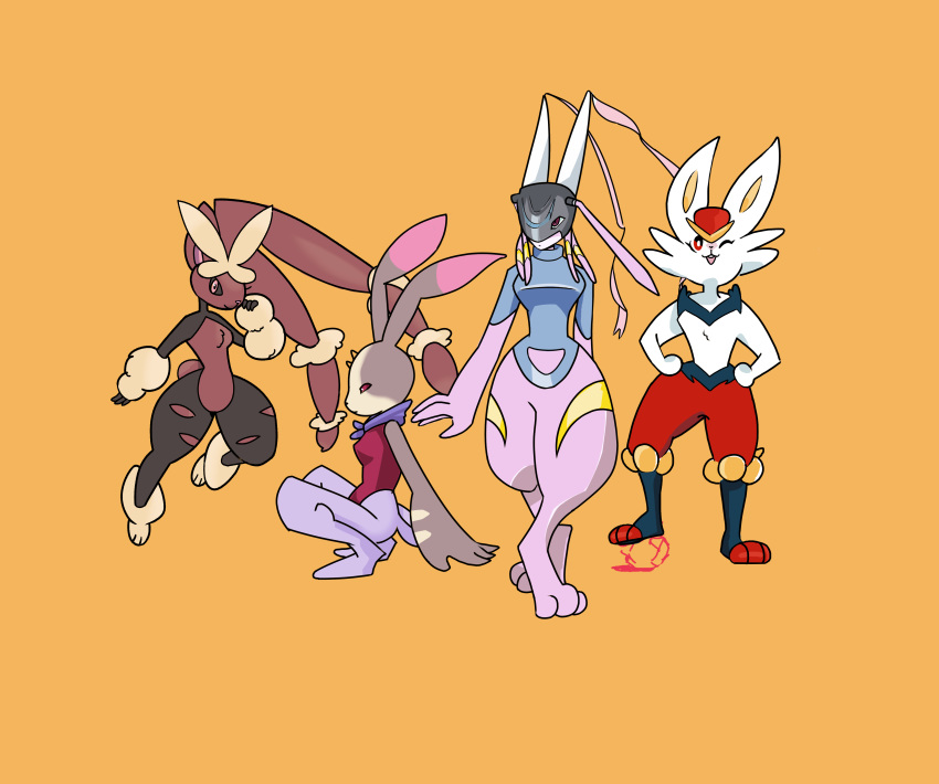 2020 absurd_res anthro antylamon armor bandai_namco biped black_body black_fur breasts brown_body brown_fur cinderace clothing courteney_rodriguez crescemon digimon digimon_(species) female fur generation_6_pokemon generation_8_pokemon group hands_on_hips hi_res horn jumping lagomorph leporid looking_at_viewer mammal mega_evolution mega_lopunny nintendo one_eye_closed open_mouth pink_body pink_eyes pink_fur pokemon pokemon_(species) pose rabbit red_eyes simple_background small_breasts smile standing tan_body tan_fur white_body white_fur wink yellow_background