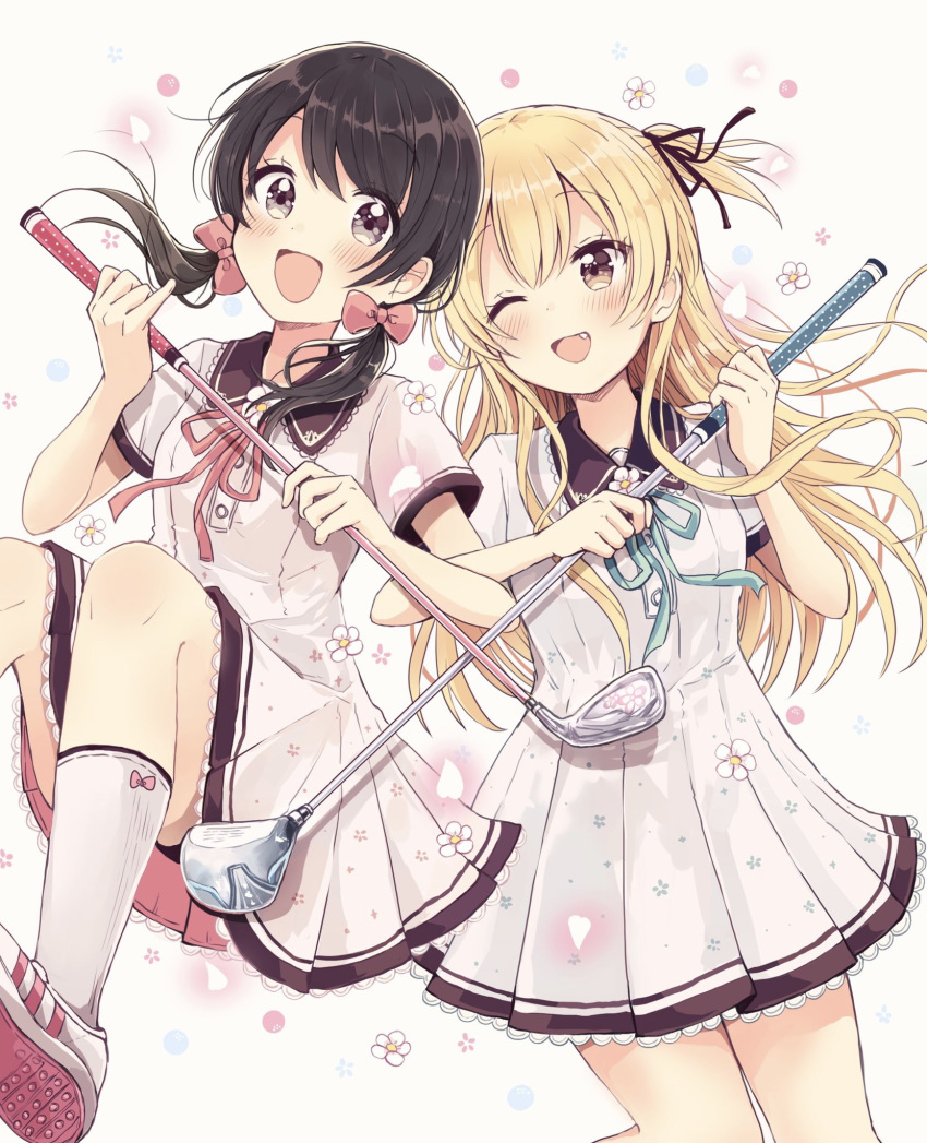 2girls :d ;d black_hair black_ribbon blonde_hair blue_ribbon blush bow brown_eyes collared_dress commentary_request dress floral_background flower golf_club grey_background hair_between_eyes hair_ribbon hairbow highres holding long_hair low_twintails miyasato_haruka multiple_girls neck_ribbon oerba_yun_fang one_eye_closed one_side_up open_mouth pink_bow pink_ribbon pleated_dress ribbon sakura_oriko shoe_soles shoes short_sleeves signature smile socks swing!! twintails very_long_hair white_dress white_flower white_footwear white_legwear yokomine_ibuki