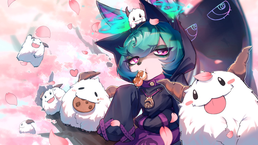 blush brown_horns cherry_blossoms closed_mouth cookie dango eating eyes_visible_through_hair female food food_in_mouth food_on_face green_hair highres holding holding_food hood horns league_of_legends long_sleeves mitarashi_dango mouth_hold petals poro_(league_of_legends) purple_eyes shadow short_hair sleeves_past_fingers sleeves_past_wrists tongue tongue_out vex_(league_of_legends) wagashi yordle yoshimori_isa