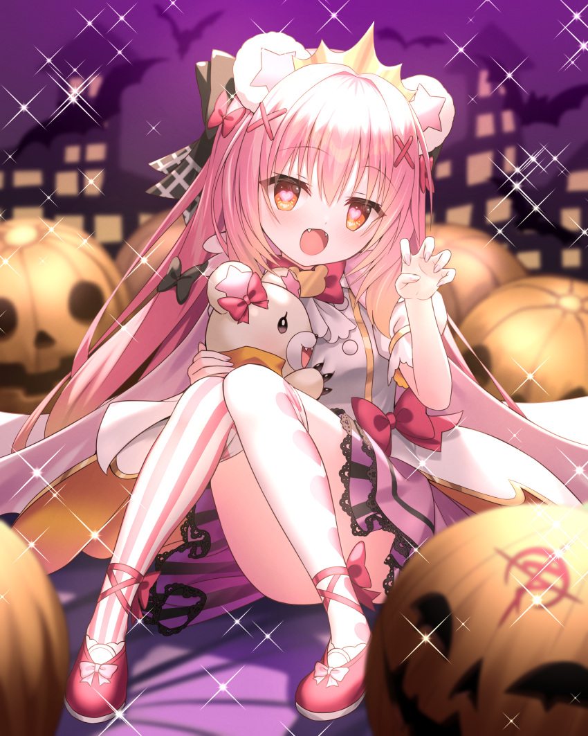 absurdres animal_ears bat_(animal) bear_ears bettle_(b_s_a_n) blurry blurry_foreground bow claw_pose crown dress_bow fangs female hair_ornament hairbow halloween heart heart-shaped_pupils highres himekuma_ribon jack-o'-lantern knees_up long_hair pink_footwear pink_hair pink_ribbon purple_background re:act ribbon sitting solo sparkle stuffed_animal stuffed_toy symbol-shaped_pupils teddy_bear thighhighs virtual_youtuber