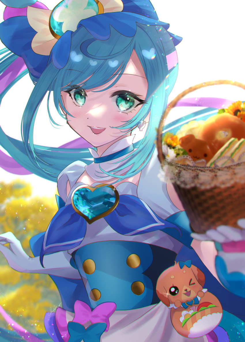 absurdres apron aqua_eyes back_bow basket blue_bow blue_hair bow bread brooch canine cure_spicy delicious_party_precure dress earrings elbow_gloves female flower food fuwa_kokone gloves heart heart_brooch highres huge_bow jewelry long_hair magical_girl minccino7 open_mouth pam-pam_(precure) precure puffy_short_sleeves puffy_sleeves short_sleeves smile upper_body very_long_hair white_gloves