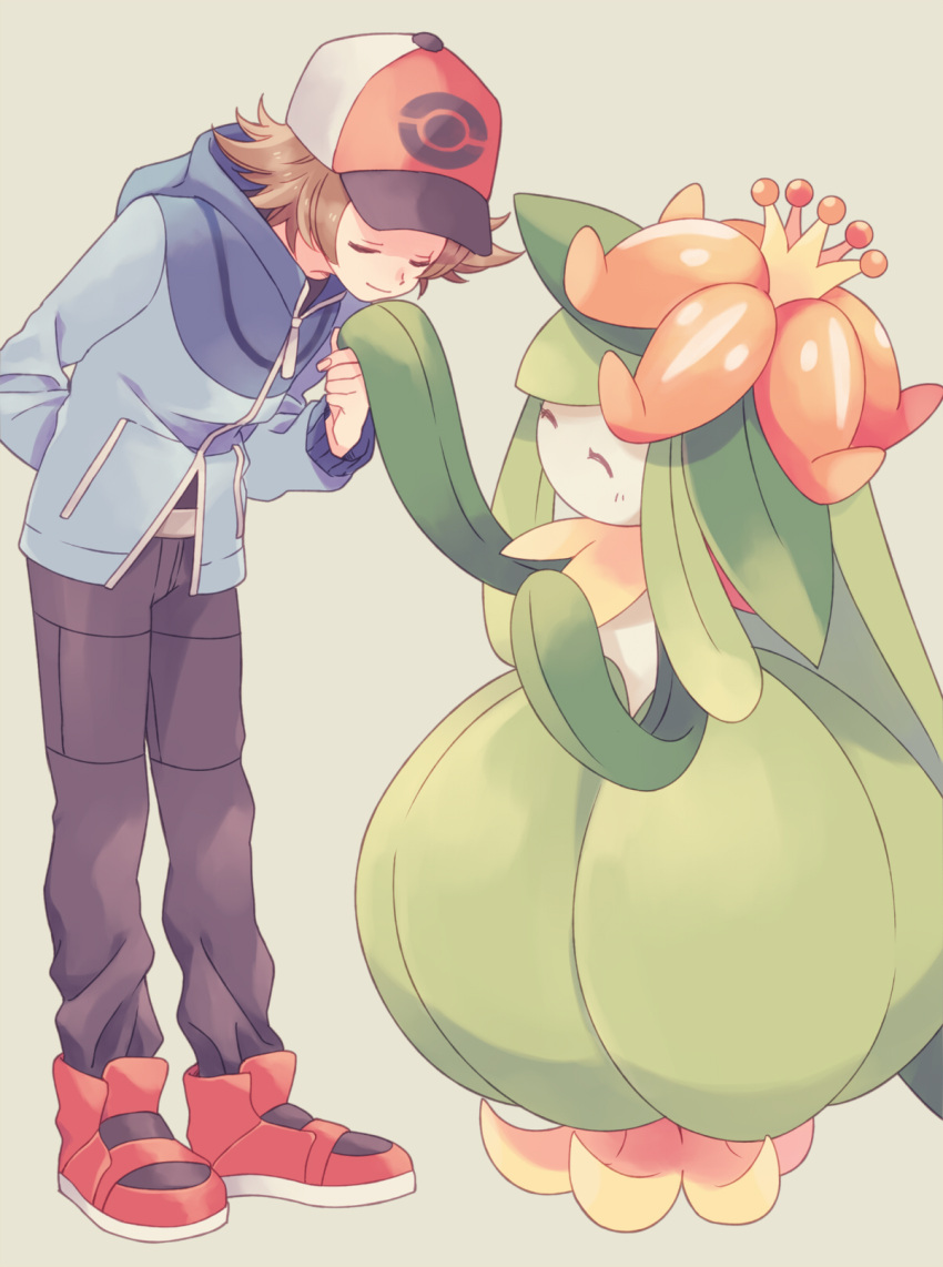 1boy baseball_cap blue_jacket brown_hair brown_pants closed_eyes closed_mouth commentary_request hand_grab hat highres hilbert_(pokemon) jacket komasawa_(fmn-ppp) lilligant long_sleeves male_focus pants pokemon pokemon_(creature) pokemon_bw red_footwear shoes smile standing zipper_pull_tab