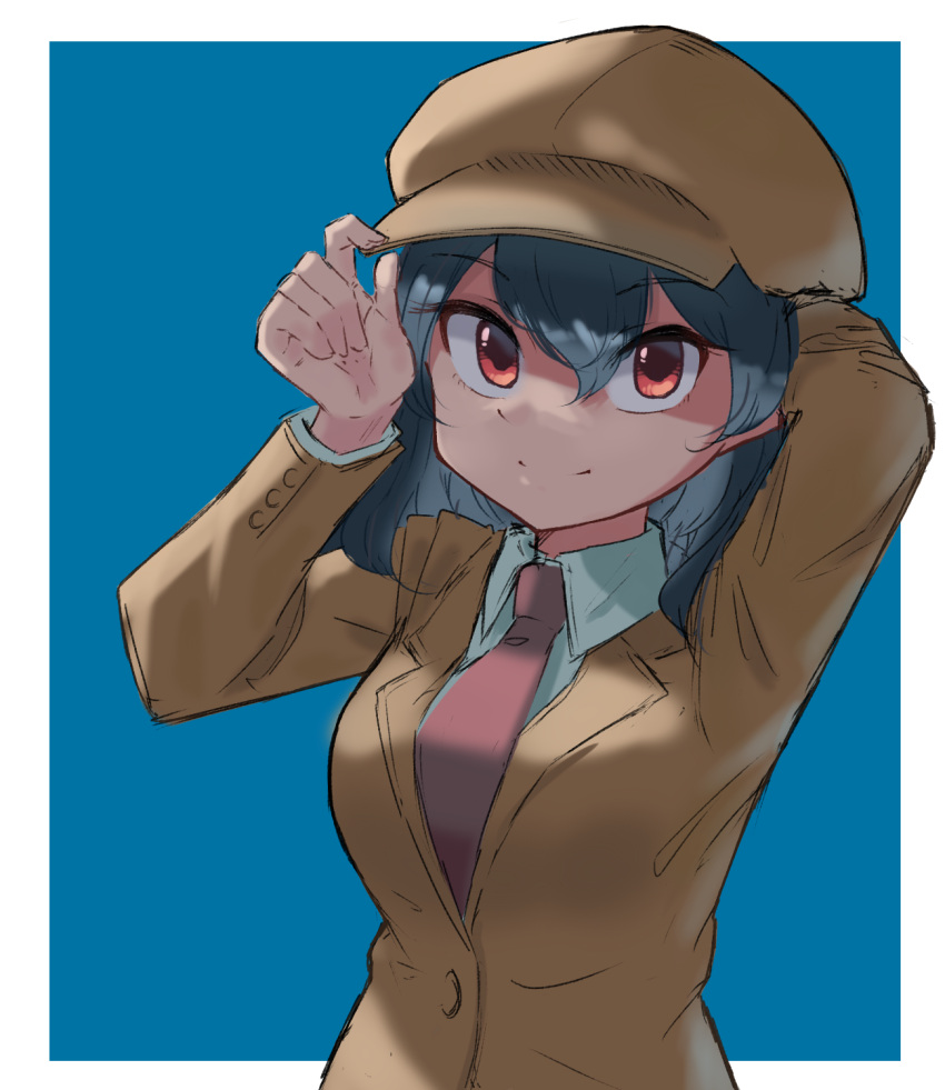 5alive adjusting_clothes adjusting_headwear arm_behind_head black_hair blue_background border breasts brown_hat brown_jacket cabbie_hat closed_jacket closed_mouth commentary_request female flat_cap happy hat highres jacket medium_breasts medium_hair necktie no_wings pointy_ears red_eyes red_necktie shameimaru_aya shameimaru_aya_(newsboy) smile solo suit_jacket tengu touhou upper_body white_border