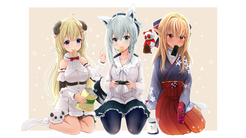 3girls absurdres animal_ears blonde_hair blue_eyes blush chips_(food) commentary_request dark-skinned_female dark_skin detached_sleeves eating elf food food_in_mouth fox_ears grey_hair hair_ornament hairclip hat highres hololive horns kintsuba_(shiranui_flare) long_hair mitsukii multiple_girls official_alternate_costume pointy_ears purple_eyes red_eyes seiza sheep_ears sheep_girl sheep_horns shirakami_fubuki shirakami_fubuki_(street) shiranui_flare shiranui_flare_(new_year) simple_background sitting tsunomaki_watame tsunomaki_watame_(1st_costume) virtual_youtuber white_background white_hair