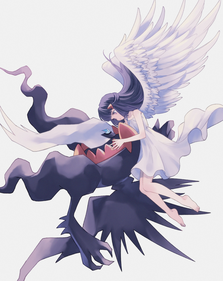 alternate_costume bare_arms barefoot black_hair blue_eyes blue_sclera bright_pupils closed_mouth colored_sclera commentary_request darkrai dawn_(pokemon) dress eye_contact feathered_wings female floating_hair hair_ornament hairclip highres holding holding_pokemon komasawa_(fmn-ppp) legs_together long_hair looking_at_another pokemon pokemon_(creature) pokemon_dppt smoke toes whisp white_dress white_hair white_pupils wings