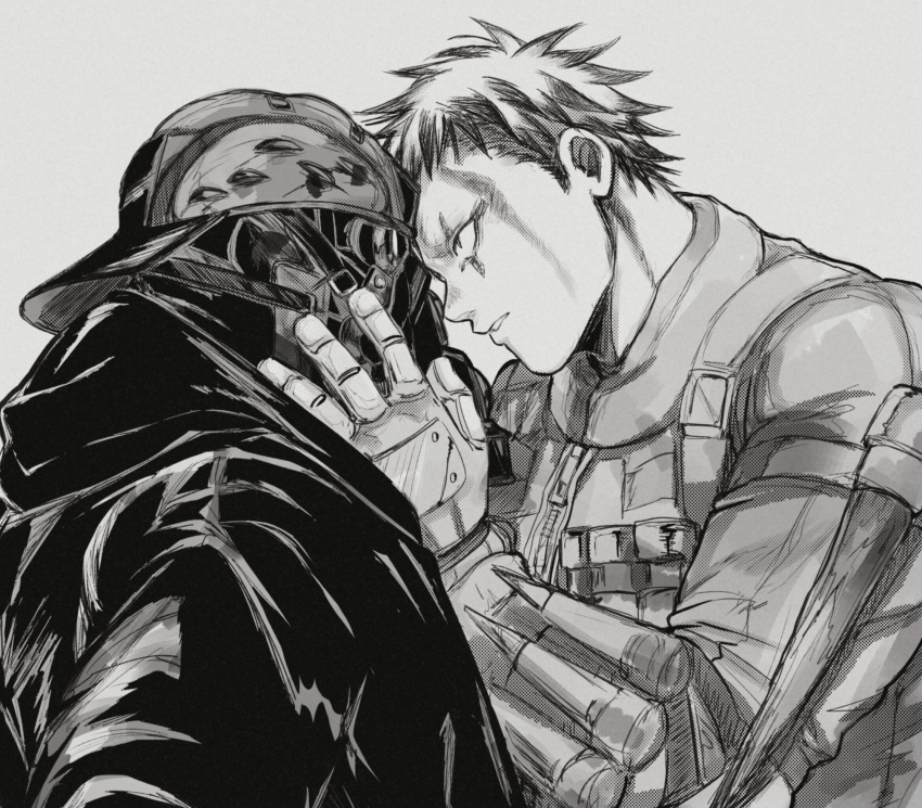 2boys aikawa_(dorohedoro) alternate_costume black_hoodie couple dorohedoro facial_mark florbetriz gloves greyscale heads_together helmet highres holding holding_another's_head hood hood_down hoodie long_sleeves looking_at_another male_focus monochrome multicolored_hair multiple_boys muscular muscular_male risu_(dorohedoro) simple_background two-tone_hair upper_body yaoi