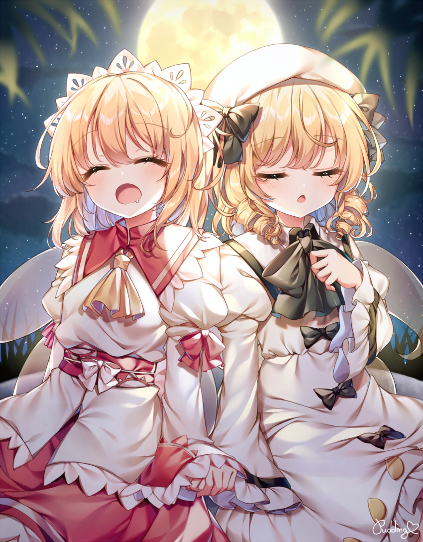 2girls artist_name ascot black_ascot black_ribbon blonde_hair blush bow chestnut_mouth closed_eyes commentary commission dress dress_bow drill_hair drooling eyelashes fairy_wings frilled_shirt_collar frilled_skirt frilled_sleeves frills hair_between_eyes hat hat_bow headdress highres holding_hands juliet_sleeves leaf long_sleeves luna_child medium_hair moon multiple_girls night open_mouth orange_ascot pixiv_commission pudding_(skymint_028) puffy_sleeves red_bow red_ribbon red_skirt ribbon sitting skirt sky sleeping star_(sky) starry_sky sun_print sunny_milk touhou touhou_sangetsusei white_dress white_headwear wide_sleeves wings