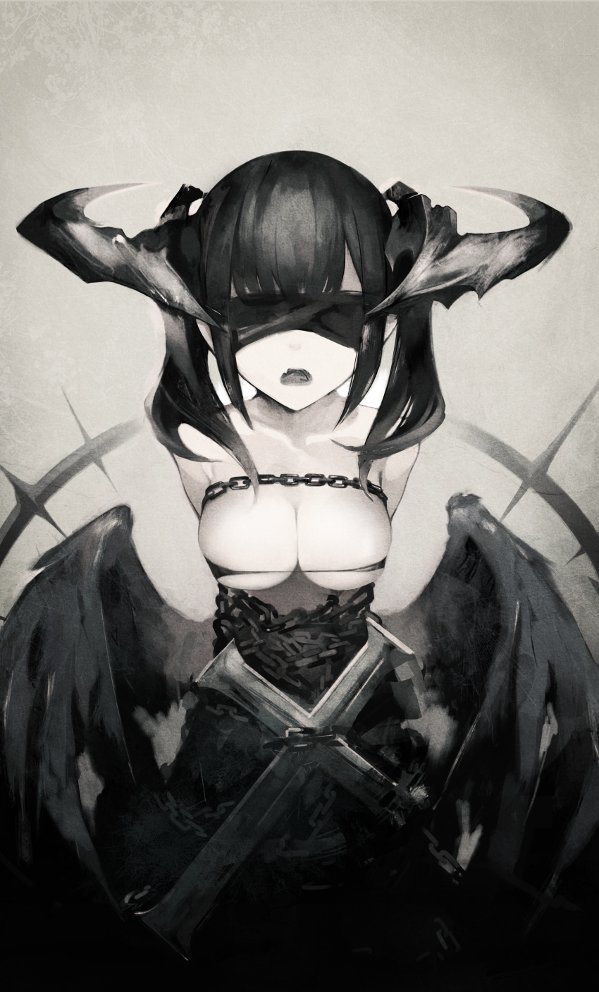 absurdres arms_behind_back black_wings blindfold bra breasts chained chains commentary covered_eyes cross english_commentary facing_viewer female greyscale gyup highres horns large_breasts medium_hair monochrome no_shirt oerba_yun_fang open_mouth original sidelocks skin_fang solo twintails underwear wings