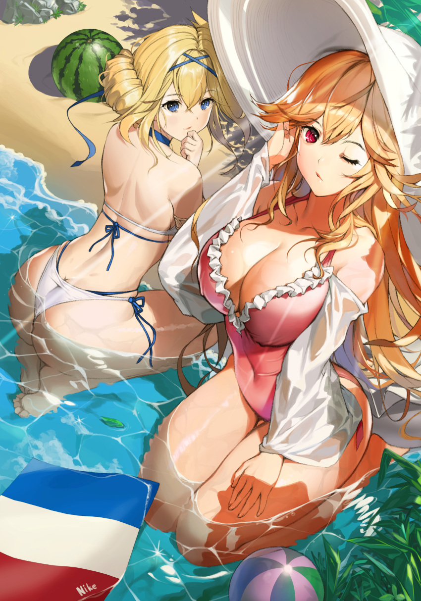 2girls absurdres ass azur_lane back ball bare_shoulders beach beachball bikini blonde_hair blue_eyes breasts butt_crack caustics cleavage collarbone commentary covered_navel day food france french_flag frilled_one-piece_swimsuit frills fruit halterneck hat highres jeanne_d'arc_(azur_lane) jeanne_d'arc_(saintess_of_the_sea)_(azur_lane) large_breasts layered_bikini long_hair looking_at_viewer looking_back multiple_girls nike_(nike1060) off_shoulder official_alternate_costume one-piece_swimsuit orange_hair outdoors photoshop_(medium) pink_one-piece_swimsuit richelieu_(azur_lane) richelieu_(fleuron_of_the_waves)_(azur_lane) sand side-tie_bikini_bottom sun_hat sunlight swimsuit thighs water watermelon white_bikini white_headwear