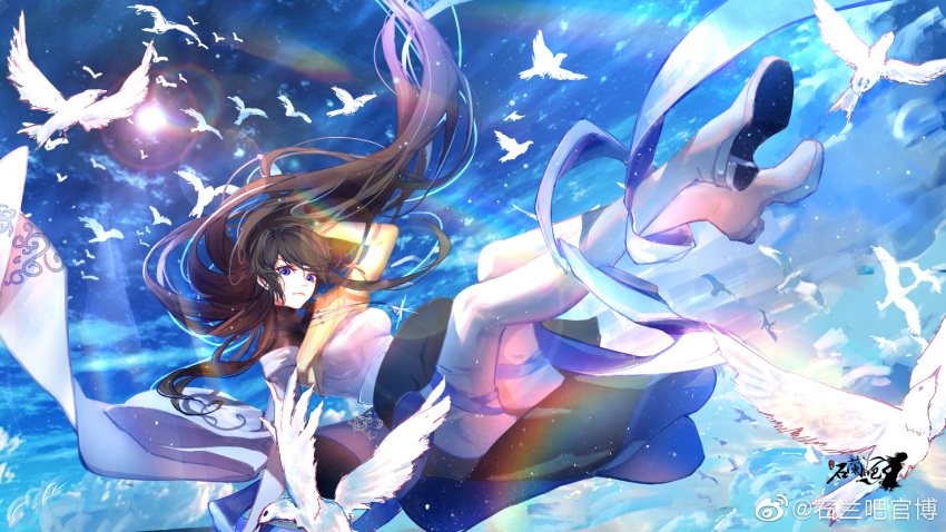 bird black_hair blue_eyes boots falling female highres long_hair looking_at_viewer qinshi_mingyue shi_lan_(qinshi_mingyue) shi_lan_ba_guan_bo shirt skirt sky solo sun white_shirt