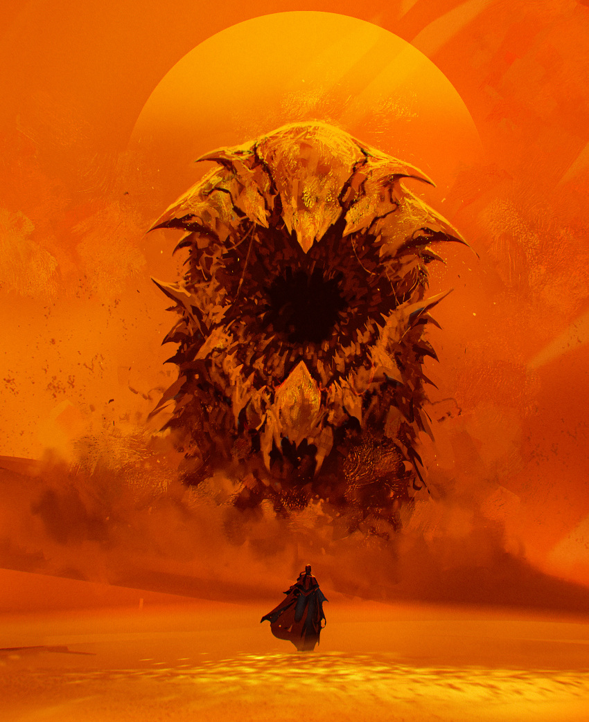 absurdres animal character_request commentary desert dune_(planet) dune_(series) english_commentary gender_request highres kalmahul monster open_mouth orange_background orange_theme oversized_animal robe sandworm science_fiction sharp_teeth solo standing sun teeth