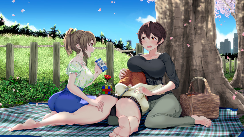 3girls ass barefoot basket black_panties black_shirt blush breasts brown_hair cherry_blossoms fence flower hanami high-waist_skirt highres hori_yuko hug idolmaster idolmaster_cinderella_girls juice_box katagiri_sanae large_breasts miniskirt monobe_yuri multiple_girls nature oikawa_shizuku orange_eyes orange_hair outdoors panties pants parted_hair petals picnic ponytail rubik's_cube sexy_guilty_(idolmaster) shirt short_hair skirt smile tree under_tree underwear upskirt waist_hug yuri