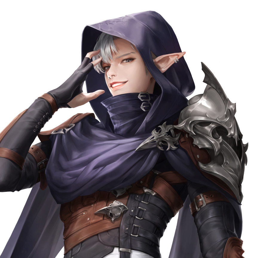 1boy absurdres armor assassin black_gloves cloak cropped ears_through_headwear elf fantasy fingerless_gloves gloves grey_eyes grey_hair highres hood hood_up lizchief male_focus original pauldrons pink_lips pointy_ears purple_cloak shoulder_armor simple_background smile solo teeth thief upper_body white_background